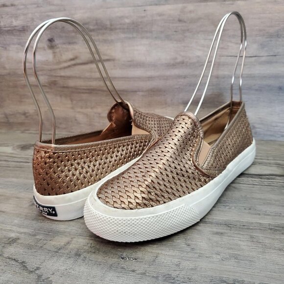 ❤️403 Sperry Seaside Perforated Platinum Metallic Gold Slip-On Sneaker - Picture 7 of 12